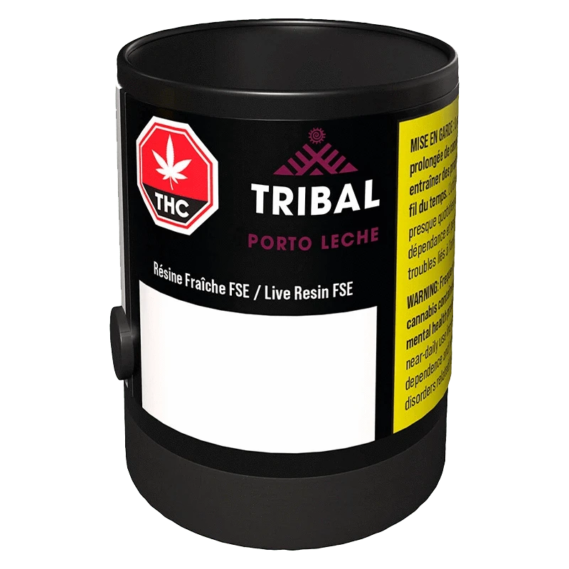 Front three-quarter view of a black canister labeled Tribal Porto Leche Live Resin showing the logo, THC emblem, and a yellow warning panel.