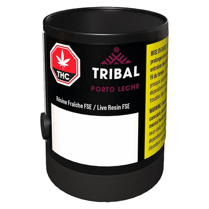 Front three-quarter view of a black canister labeled Tribal Porto Leche Live Resin showing the logo, THC emblem, and a yellow warning panel.