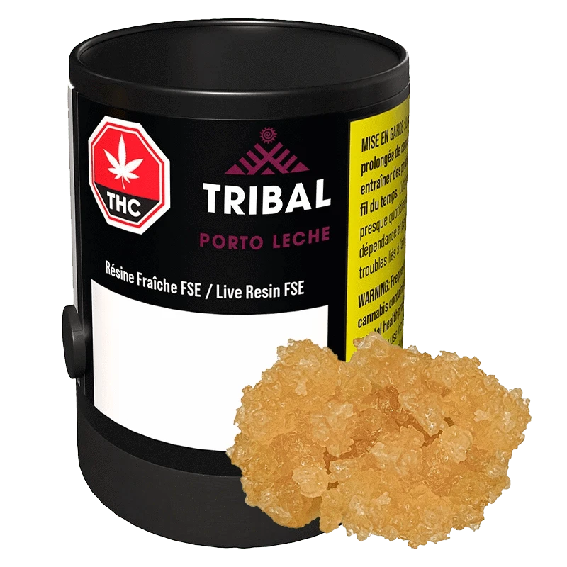 Angled front view of a black canister labeled "TRIBAL PORTO LECHE" with a pile of golden live resin crystals in front.