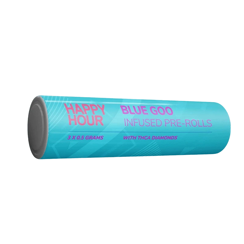 Angled side view of the Blue Goo Infused PR 3 x 0.5 g turquoise tube with pink "Happy Hour" text and a gray end cap.