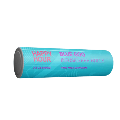 Angled side view of the Blue Goo Infused PR 3 x 0.5 g turquoise tube with pink "Happy Hour" text and a gray end cap.