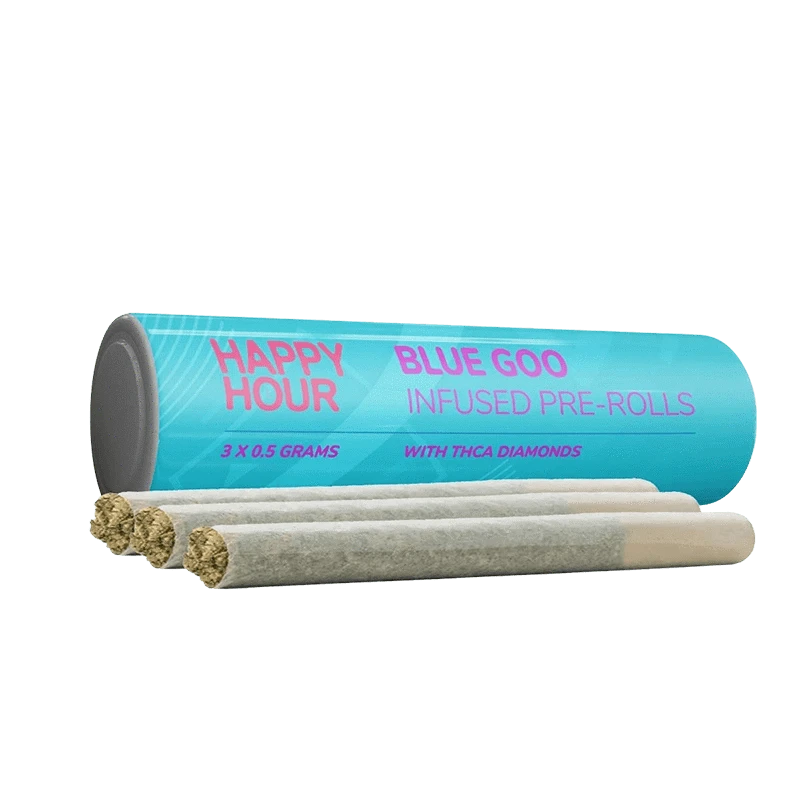 Angled front view of the Blue Goo Infused PR 3 x 0.5 g turquoise tube with three pre-rolls lined up in front.