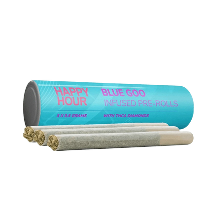 Angled front view of the Blue Goo Infused PR 3 x 0.5 g turquoise tube with three pre-rolls lined up in front.