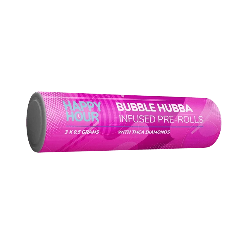Angled studio shot of the pink Bubba Hubba Infused PR 3 x 0.5 g tube showing bold white text and a gray end cap.