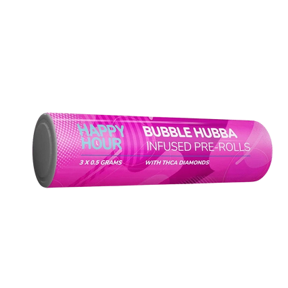 Angled studio shot of the pink Bubba Hubba Infused PR 3 x 0.5 g tube showing bold white text and a gray end cap.