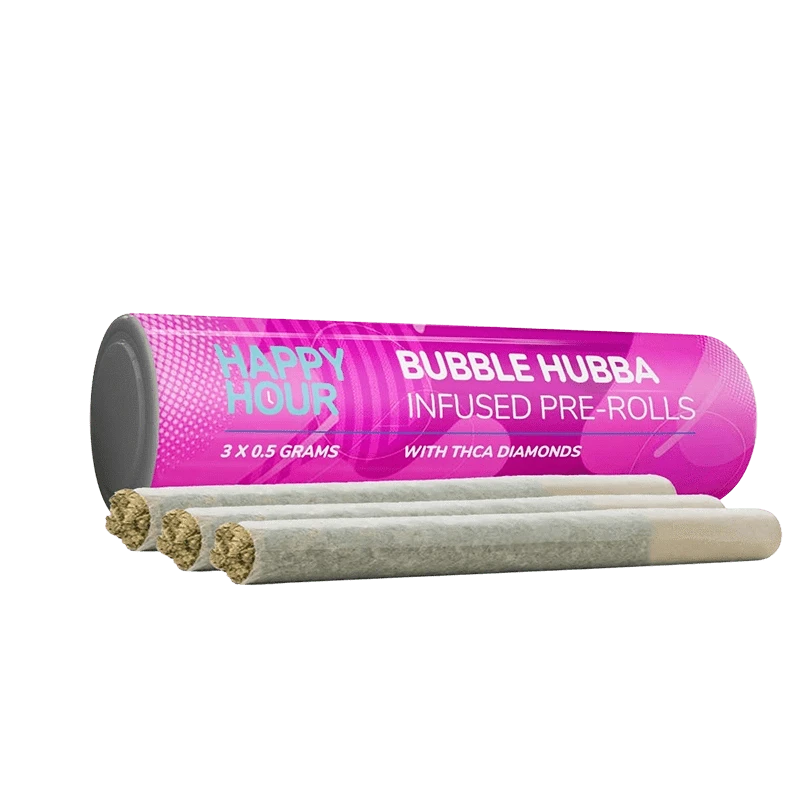 Angled front view of a pink tube and three gray pre-rolls labeled "Bubba Hubba Infused PR 3 x 0.5 g" arranged on a white background.