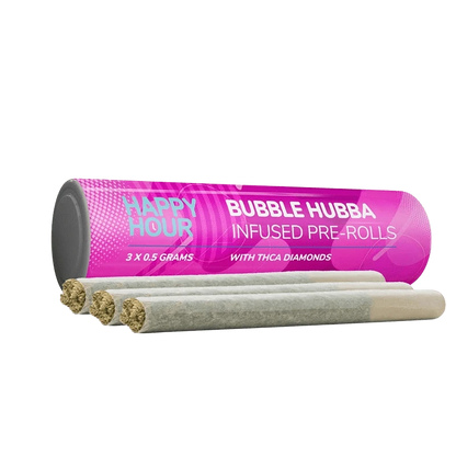 Angled front view of a pink tube and three gray pre-rolls labeled "Bubba Hubba Infused PR 3 x 0.5 g" arranged on a white background.