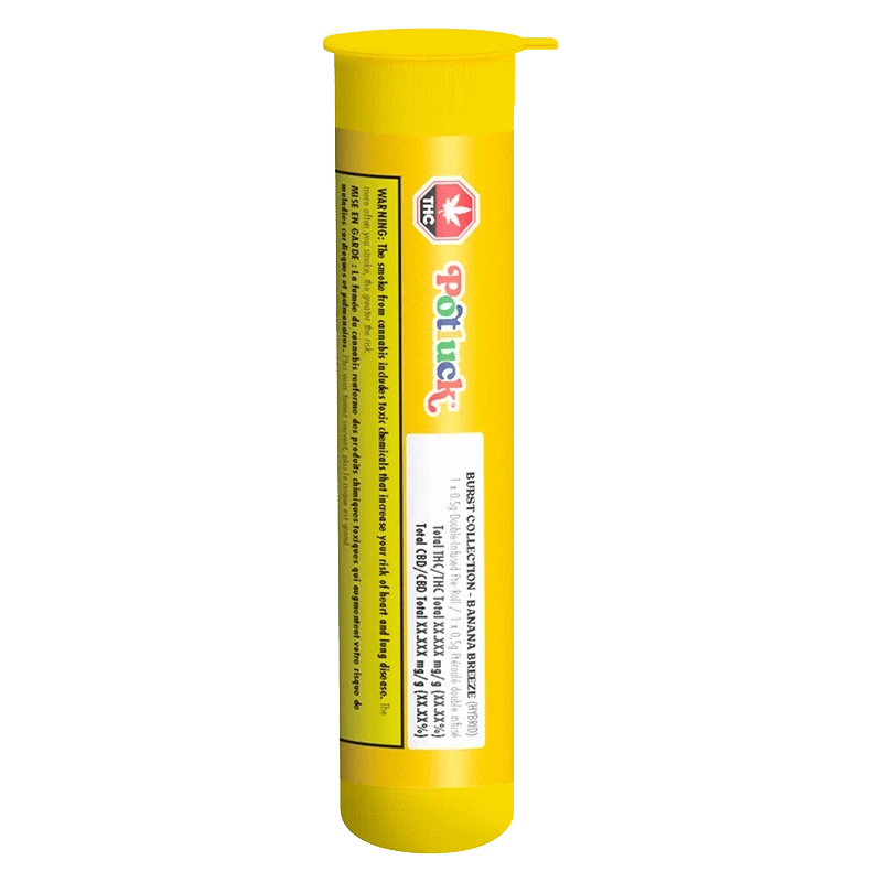 Tall vertical photo of the bright yellow Banana Breeze Infused PR 1 x 0.5 g tube with colorful Potluck branding and a white label.