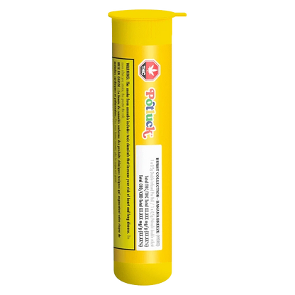 Tall vertical photo of the bright yellow Banana Breeze Infused PR 1 x 0.5 g tube with colorful Potluck branding and a white label.