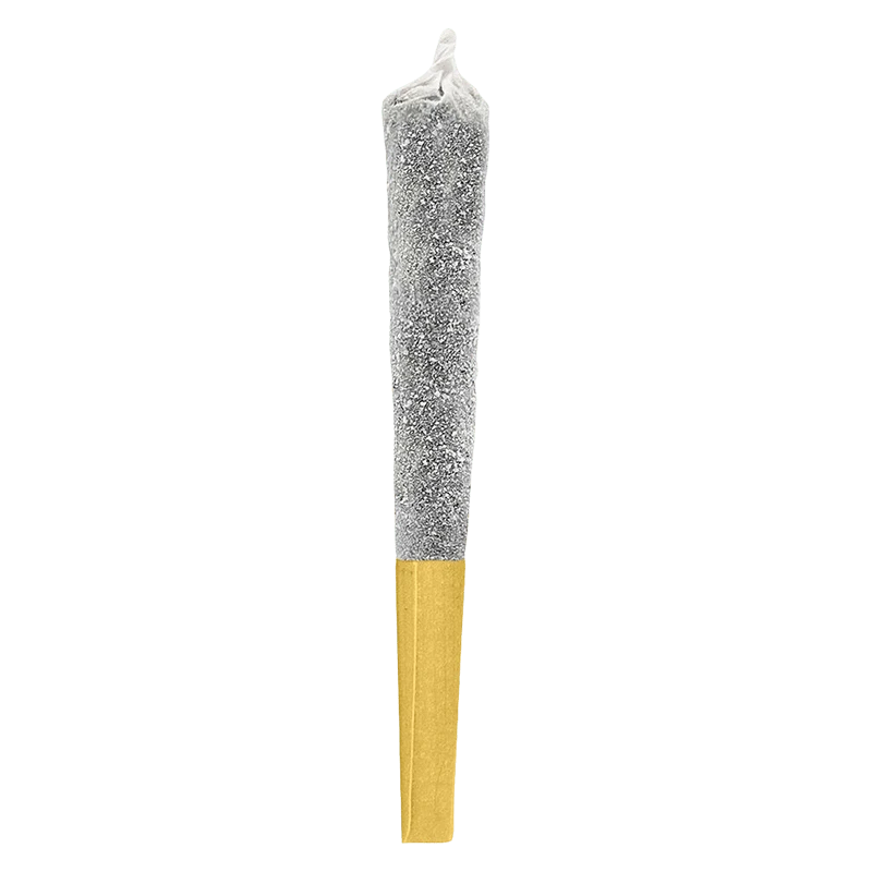 Centered vertical studio shot of a silver-coated joint with a gold filter labeled Banana Breeze Infused PR 1 x 0.5 g