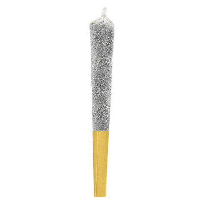 Centered vertical studio shot of a silver-coated joint with a gold filter labeled Banana Breeze Infused PR 1 x 0.5 g