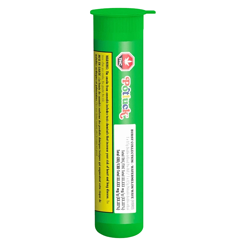 Tall front-facing green tube labeled "Polutck" with a white product sticker, shown against a transparent background, Watermelon Wave Infused PR 1 x 0.5 g