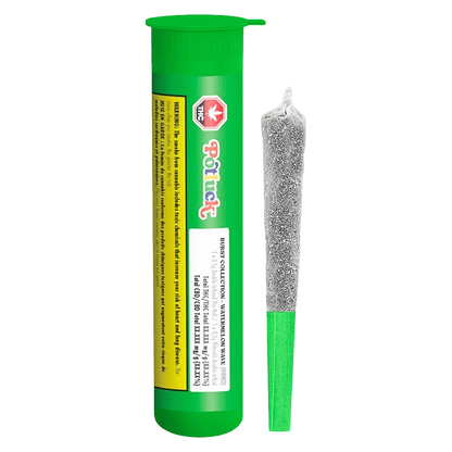 Vertical studio shot of a green tube and sugar-coated pre-roll beside it, showing the label on the Watermelon Wave Infused PR 1 x 0.5 g packaging.