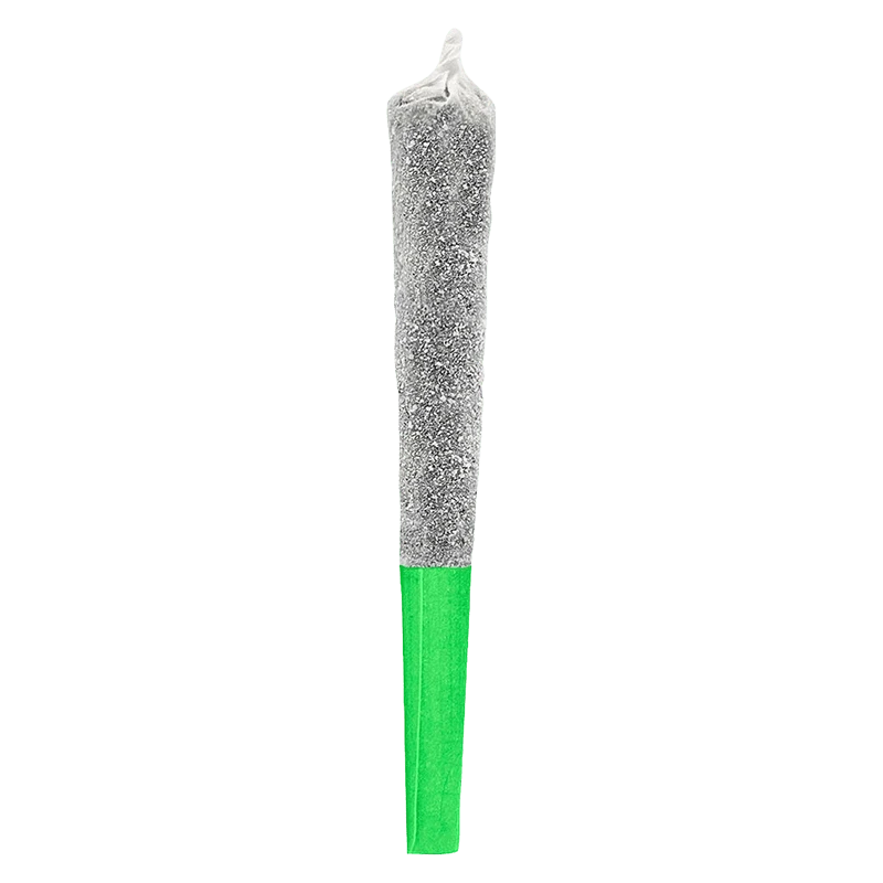 Centered vertical studio shot of a slim joint with a green tip, labeled Watermelon Wave Infused PR 1 x 0.5 g.