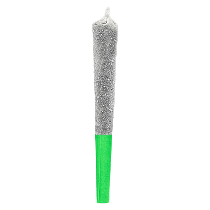 Centered vertical studio shot of a slim joint with a green tip, labeled Watermelon Wave Infused PR 1 x 0.5 g.