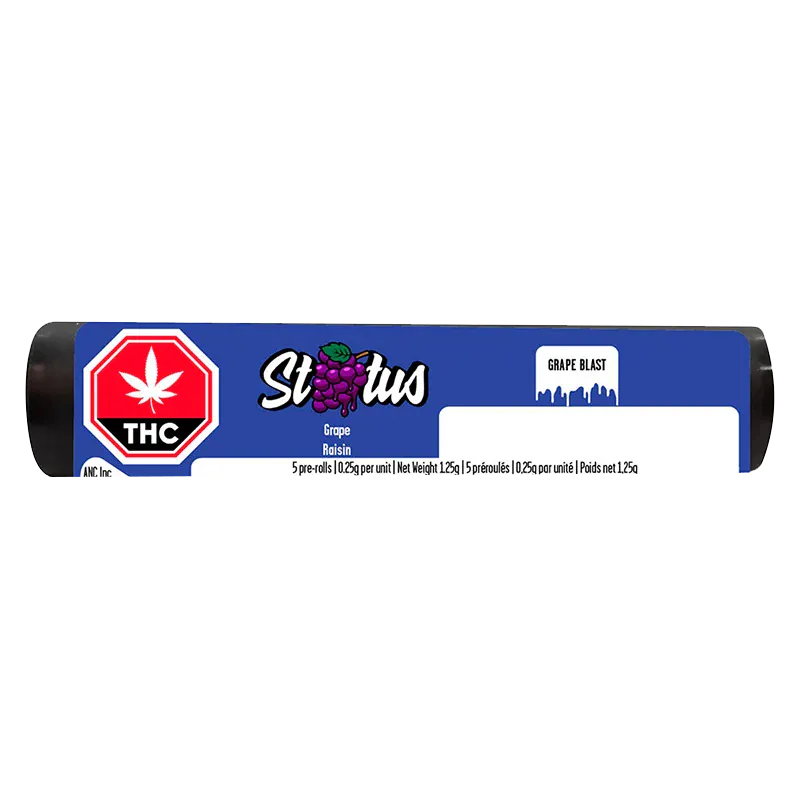 Front-facing shot of the Grape Blast Liquid Diamond Infused kief coated PR 5 x 0.25 g tube with a blue label featuring a grape logo and a red THC octagon.