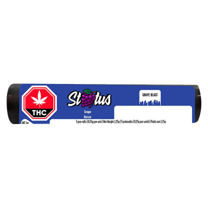 Front-facing shot of the Grape Blast Liquid Diamond Infused kief coated PR 5 x 0.25 g tube with a blue label featuring a grape logo and a red THC octagon.