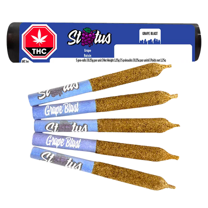 Angled top-down view of five kief-coated Status Grape Blast Liquid Diamond Infused kief coated PR 5 x 0.25 g pre-rolls with blue grape Blast tips and a matching blue label tube.
