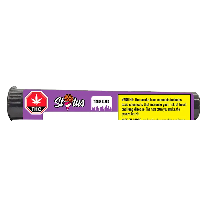 Close-up of the purple Status Tigers Bleed Liquid Diamond Infused kief coated PR 1 x 1 g tube label with THC symbol and yellow warning box.