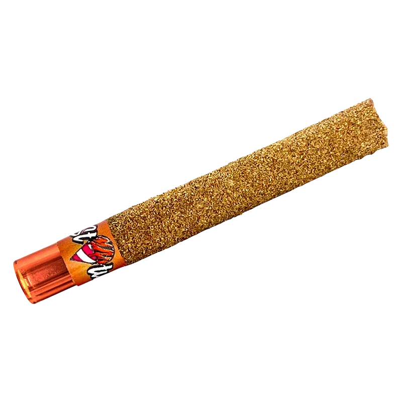 Diagonal close-up of a gold, kief-coated pre-roll with an orange tip, labeled "Tigers Bleed Liquid Diamond Infused kief coated PR 1 x 1 g" visible near the base.