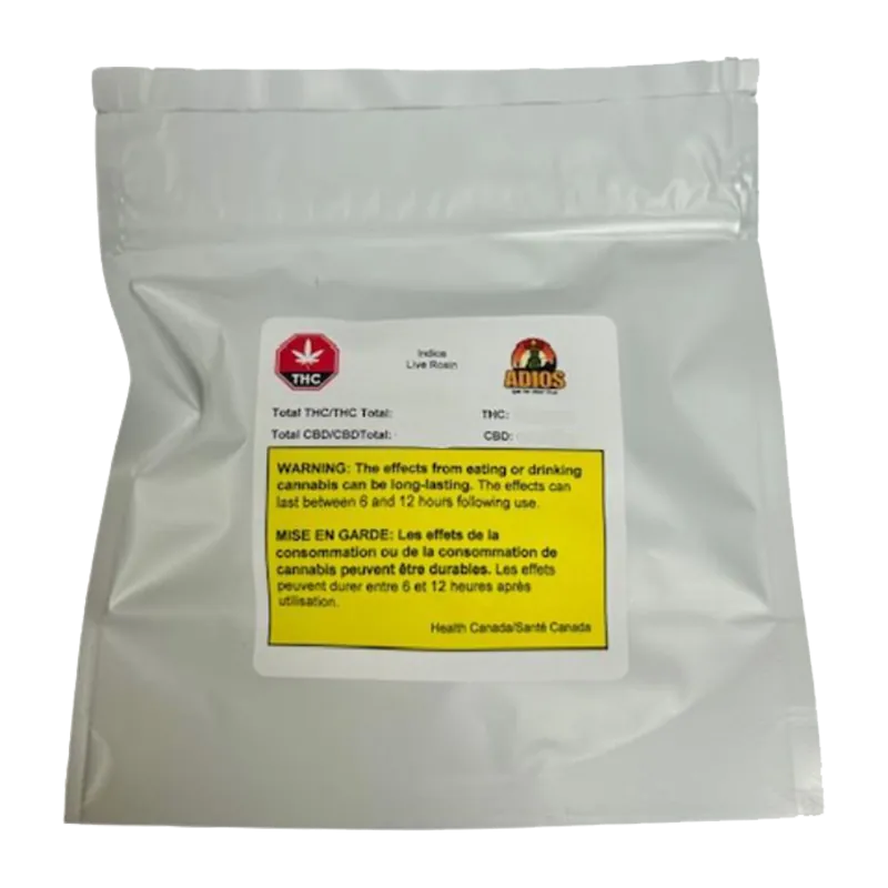 Front-facing shot of a silver resealable pouch labeled "Goldie Knox Jar Live Rosin" with a white sticker and prominent yellow warning box.