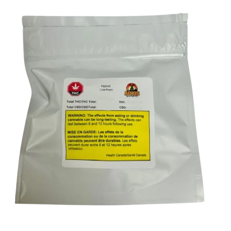 Front-facing silver pouch labeled "Slurricane Jar Live Rosin" with a white sticker and prominent yellow bilingual warning panel.
