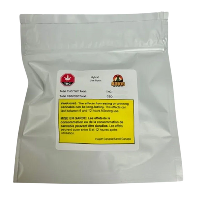 Front-facing silver pouch labeled "Slurricane Jar Live Rosin" with a white sticker and prominent yellow bilingual warning panel.