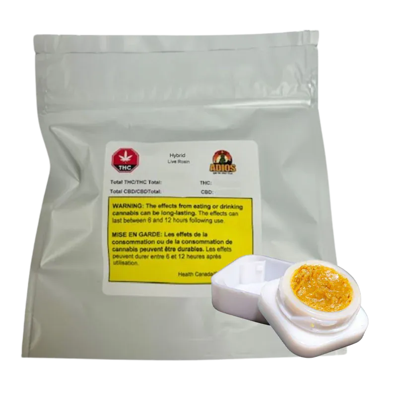 Angled view of a silver foil pouch and an open white container of amber concentrate labeled "Slurricane Jar Live Rosin."