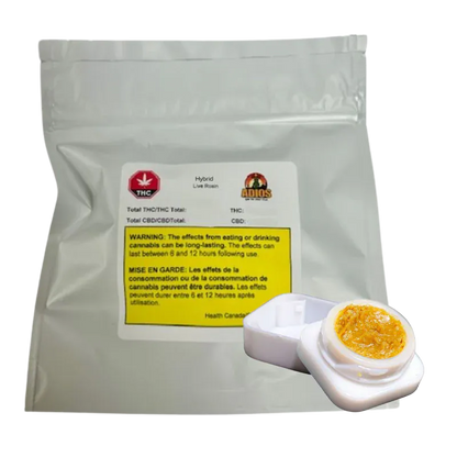 Angled view of a silver foil pouch and an open white container of amber concentrate labeled "Slurricane Jar Live Rosin."