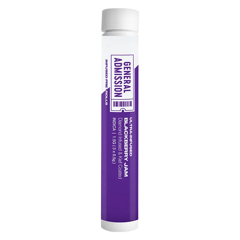 Tall upright tube on a white background showing the purple label of Blackberry Jam Diamond Infused PR 3 x 0.5 g with "General Admission" ticket art.