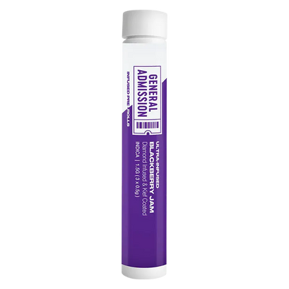 Tall upright tube on a white background showing the purple label of Blackberry Jam Diamond Infused PR 3 x 0.5 g with "General Admission" ticket art.