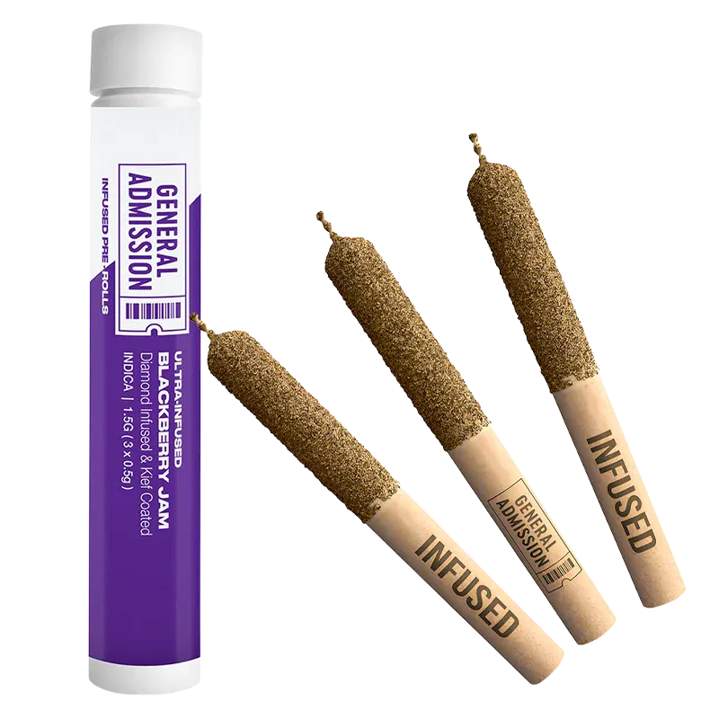 Angled view of three diamond‑coated pre-rolls beside a standing purple tube labeled "Blackberry Jam Diamond Infused PR 3 x 0.5 g"