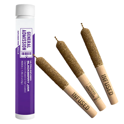 Angled view of three diamond‑coated pre-rolls beside a standing purple tube labeled "Blackberry Jam Diamond Infused PR 3 x 0.5 g"