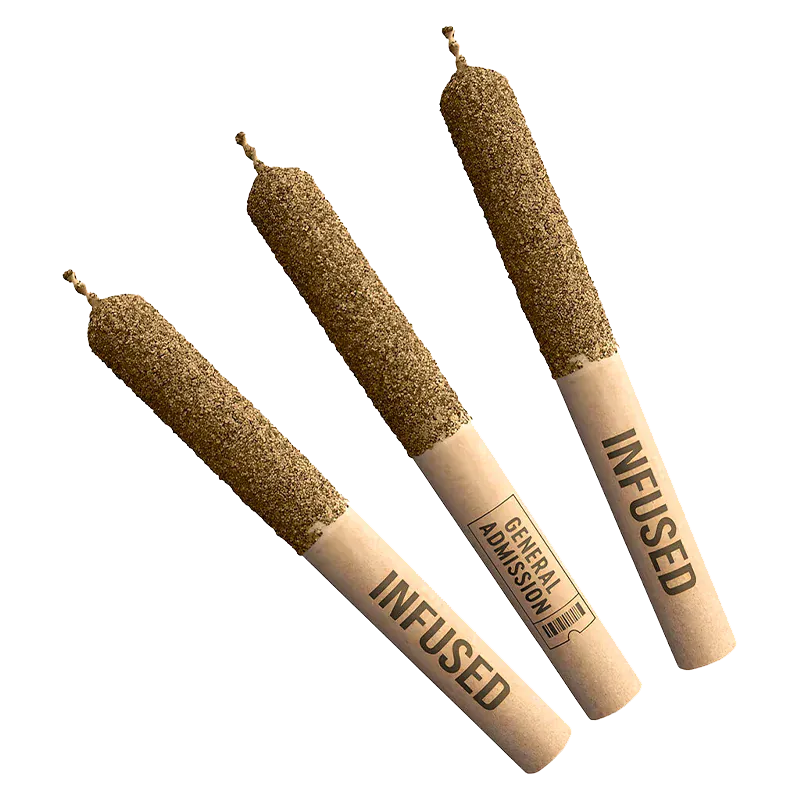 Diagonal top-down view of three rolled cones labeled "INFUSED" showing the textured blackberry jam diamond exterior of Blackberry Jam Diamond Infused PR 3 x 0.5 g.