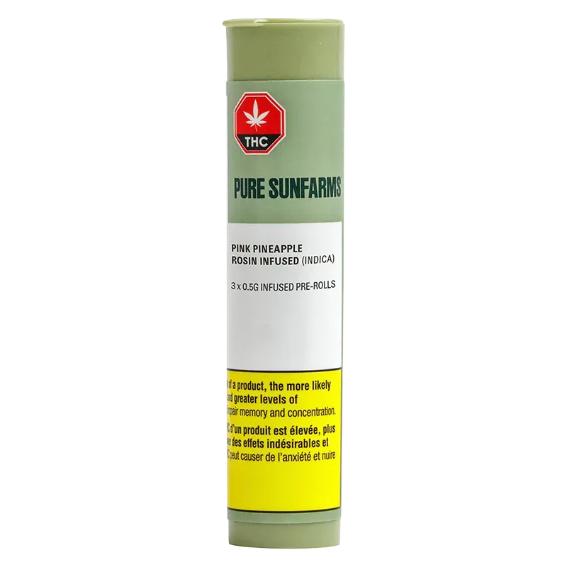 Tall front-facing tube on white background labeled "Pure Sunfarms Pink Pineapple Rosin Infused PR 3 x 0.5 g" with green, white and yellow panels.