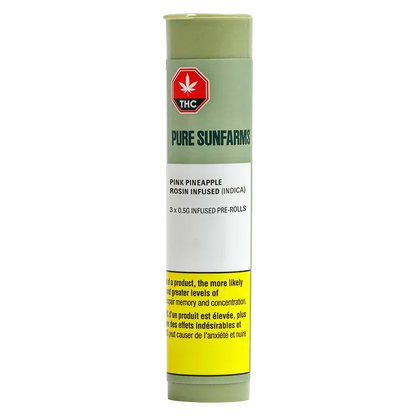 Tall front-facing tube on white background labeled "Pure Sunfarms Pink Pineapple Rosin Infused PR 3 x 0.5 g" with green, white and yellow panels.