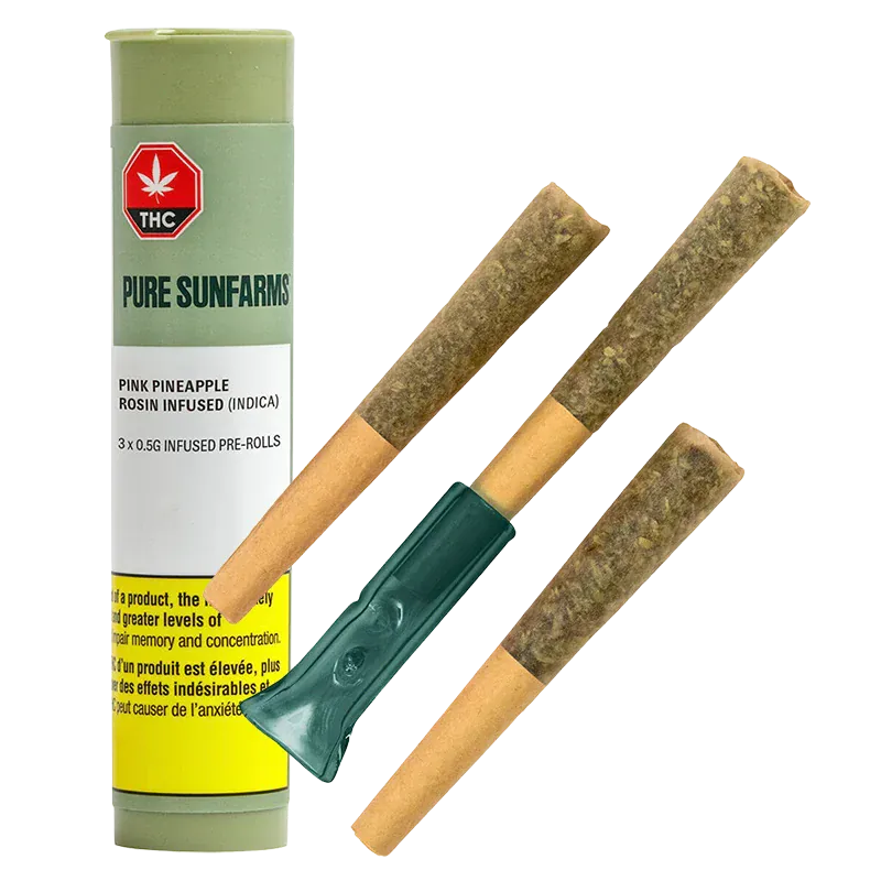 Angled top-down view of three pre-rolled joints and a green tube of Pink Pineapple Rosin Infused PR 3 x 0.5 g showing the textured herb tips and labelled packaging.