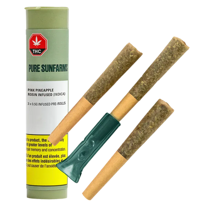 Angled top-down view of three pre-rolled joints and a green tube of Pink Pineapple Rosin Infused PR 3 x 0.5 g showing the textured herb tips and labelled packaging.