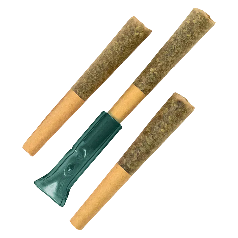 Top-down view of three rolled joints and a green plastic crutch holder labeled Pink Pineapple Rosin Infused PR 3 x 0.5 g.
