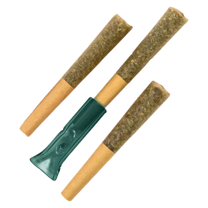 Top-down view of three rolled joints and a green plastic crutch holder labeled Pink Pineapple Rosin Infused PR 3 x 0.5 g.