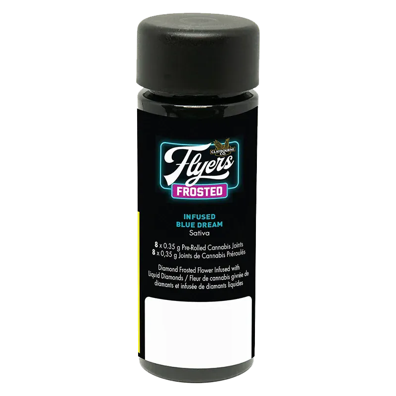 Tall front-facing shot of a black container labeled "Blue Dream Infused PR 8 x 0.35 g" with bright Flyers Frosted logo and teal text on a white background