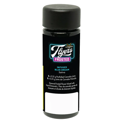 Tall front-facing shot of a black container labeled "Blue Dream Infused PR 8 x 0.35 g" with bright Flyers Frosted logo and teal text on a white background