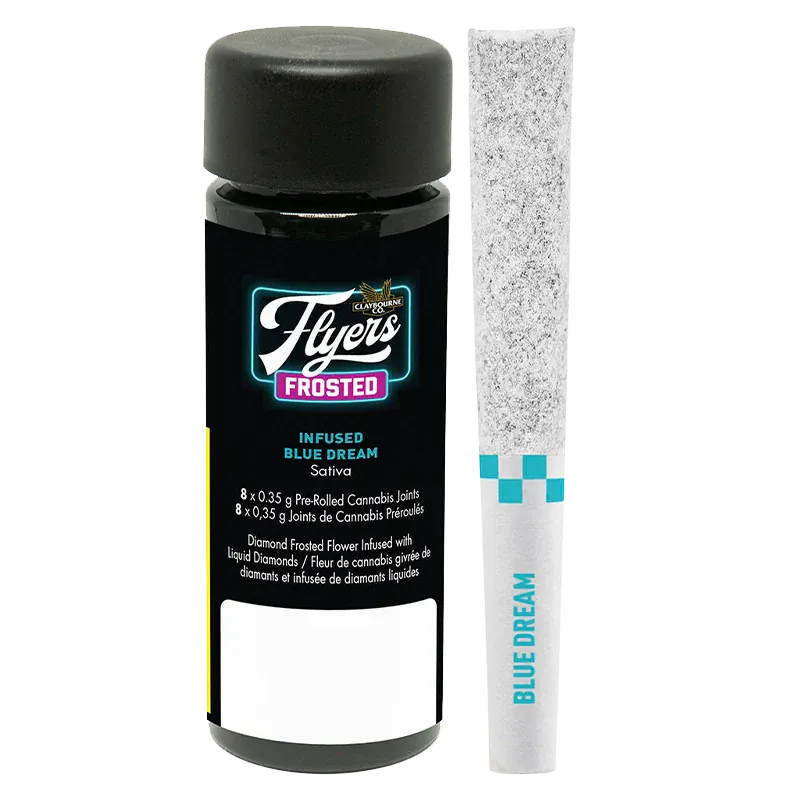 Front-facing photo of the Blue Dream Infused PR 8 x 0.35 g black cylindrical container with logo and a frosted pre-rolled joint standing beside it.