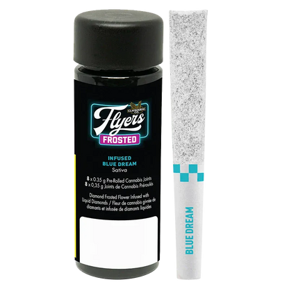 Front-facing photo of the Blue Dream Infused PR 8 x 0.35 g black cylindrical container with logo and a frosted pre-rolled joint standing beside it.