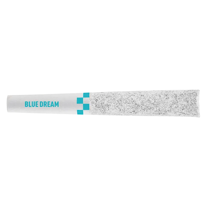 Top-down close-up of a single Blue Dream Infused PR 8 x 0.35 g pre-roll showing the white paper with teal "BLUE DREAM" text and checker accents.