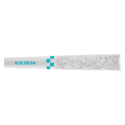 Top-down close-up of a single Blue Dream Infused PR 8 x 0.35 g pre-roll showing the white paper with teal "BLUE DREAM" text and checker accents.