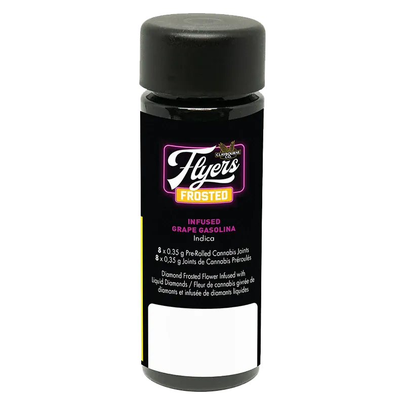 Straight-on studio shot of a black plastic tube labeled "Grape Gasolina Infused PR 8 x 0.35 g" with a dark screw cap and neon-accented branding.