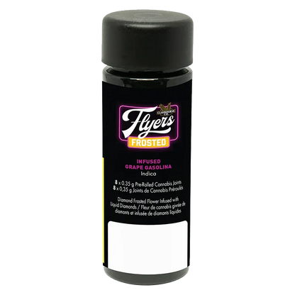 Straight-on studio shot of a black plastic tube labeled "Grape Gasolina Infused PR 8 x 0.35 g" with a dark screw cap and neon-accented branding.