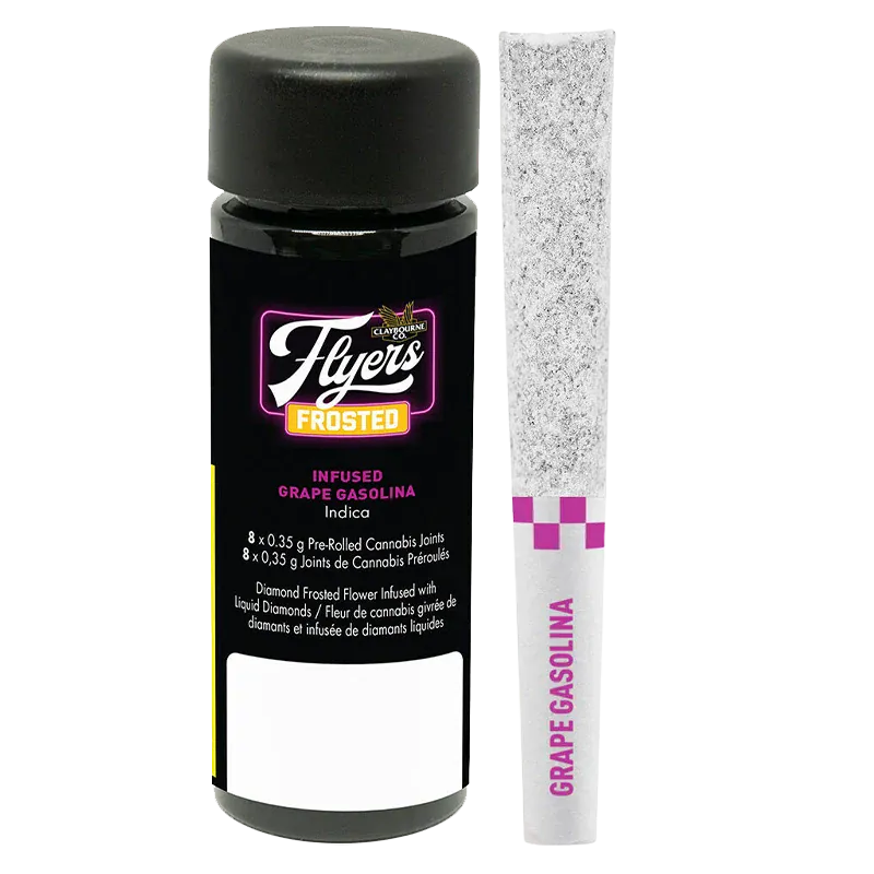 Studio-lit front view of a black jar and frosted pre-roll labeled "Grape Gasolina Infused PR 8 x 0.35 g" showing the Flyers Frosted logo and purple accents.
