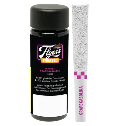 Studio-lit front view of a black jar and frosted pre-roll labeled "Grape Gasolina Infused PR 8 x 0.35 g" showing the Flyers Frosted logo and purple accents.